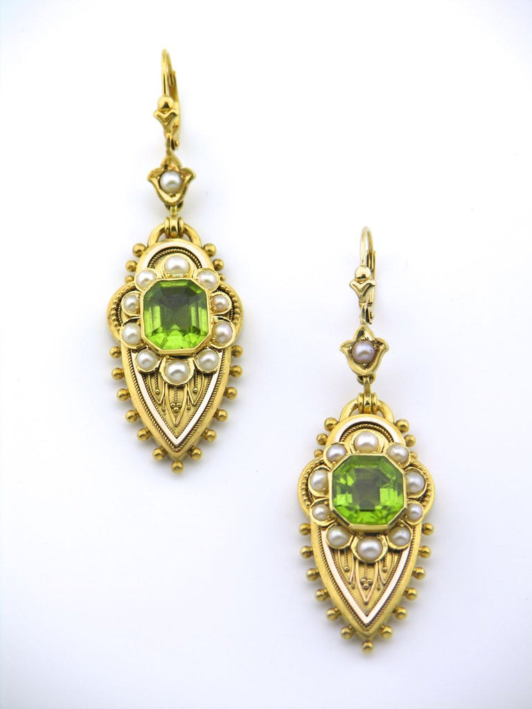 Victorian peridot and pearl 18ct yellow gold earrings