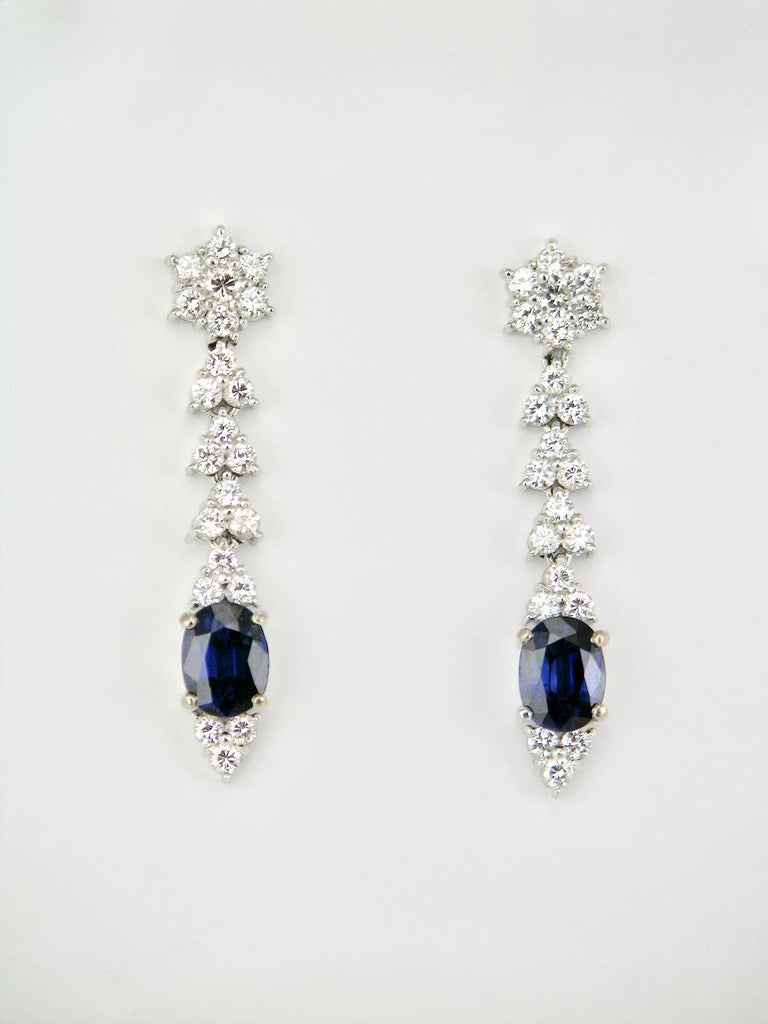 Vintage 18k White Gold Blue Sapphire Diamond Drop Earrings 1970s