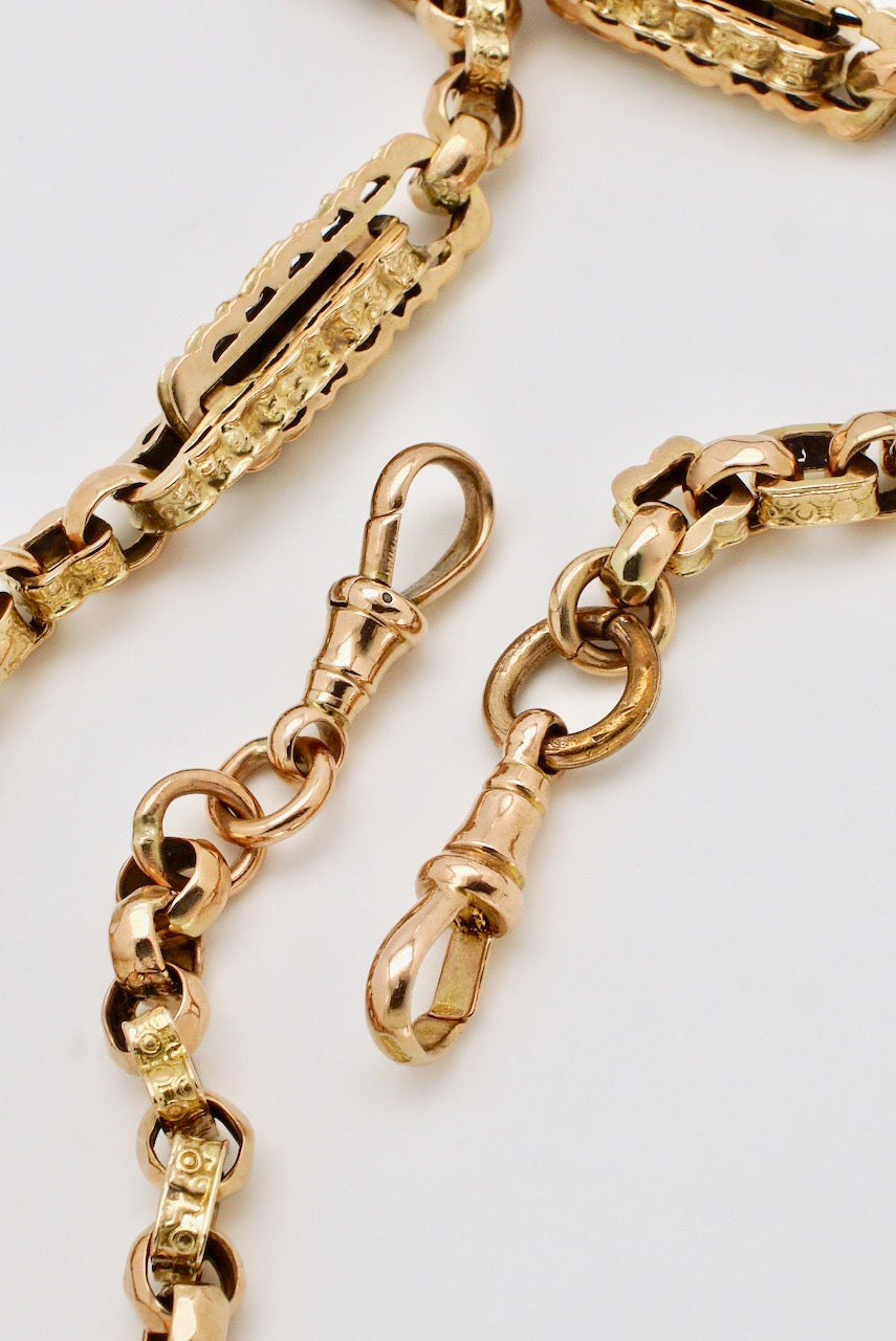 Antique 9k Yellow Gold Fancy Link Fob Watch Chain T Bar Necklace