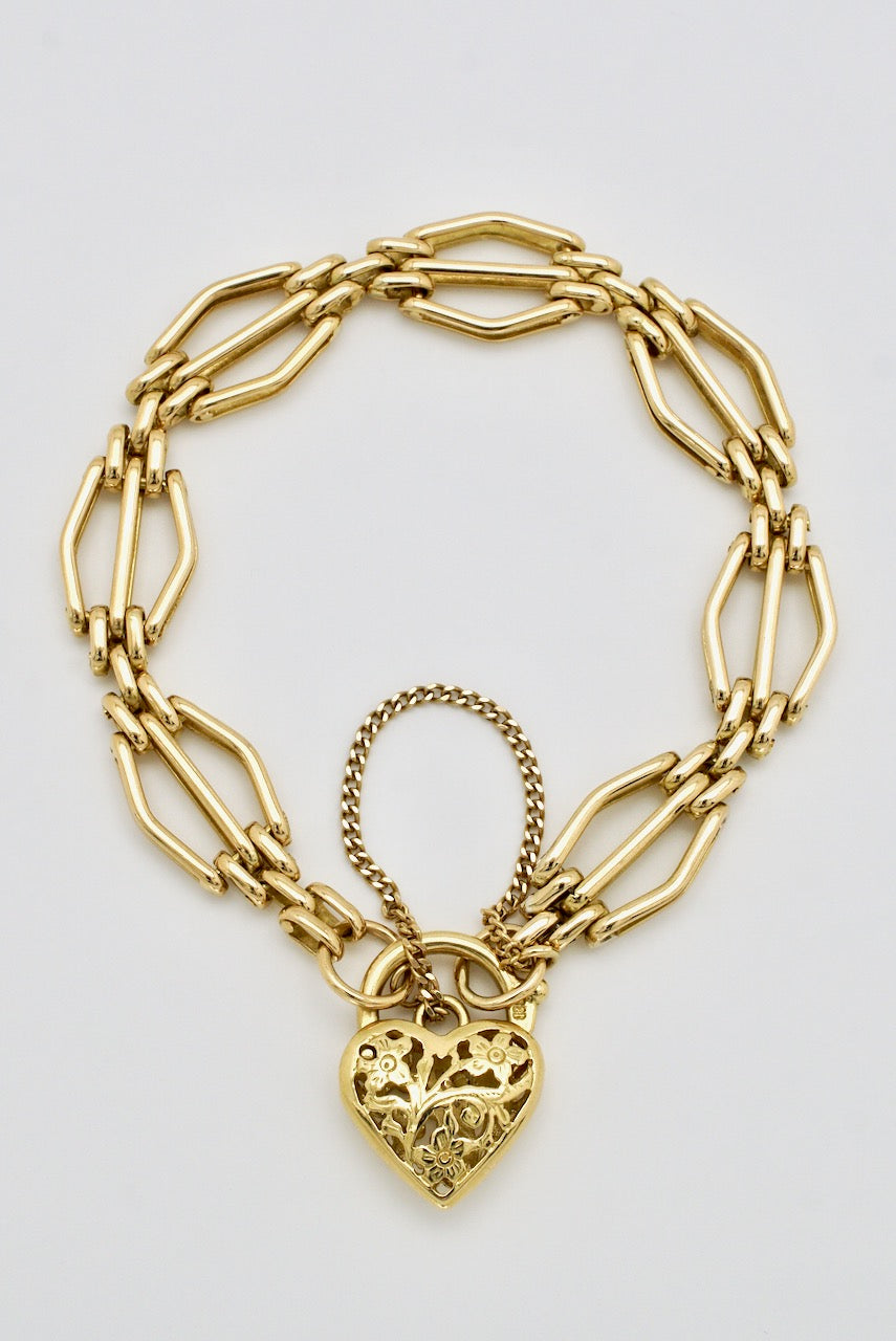 Vintage 18k Yellow Gold Gatelink Heart Padlock Bracelet
