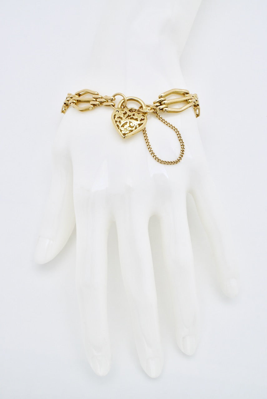 Vintage 18k Yellow Gold Gatelink Heart Padlock Bracelet