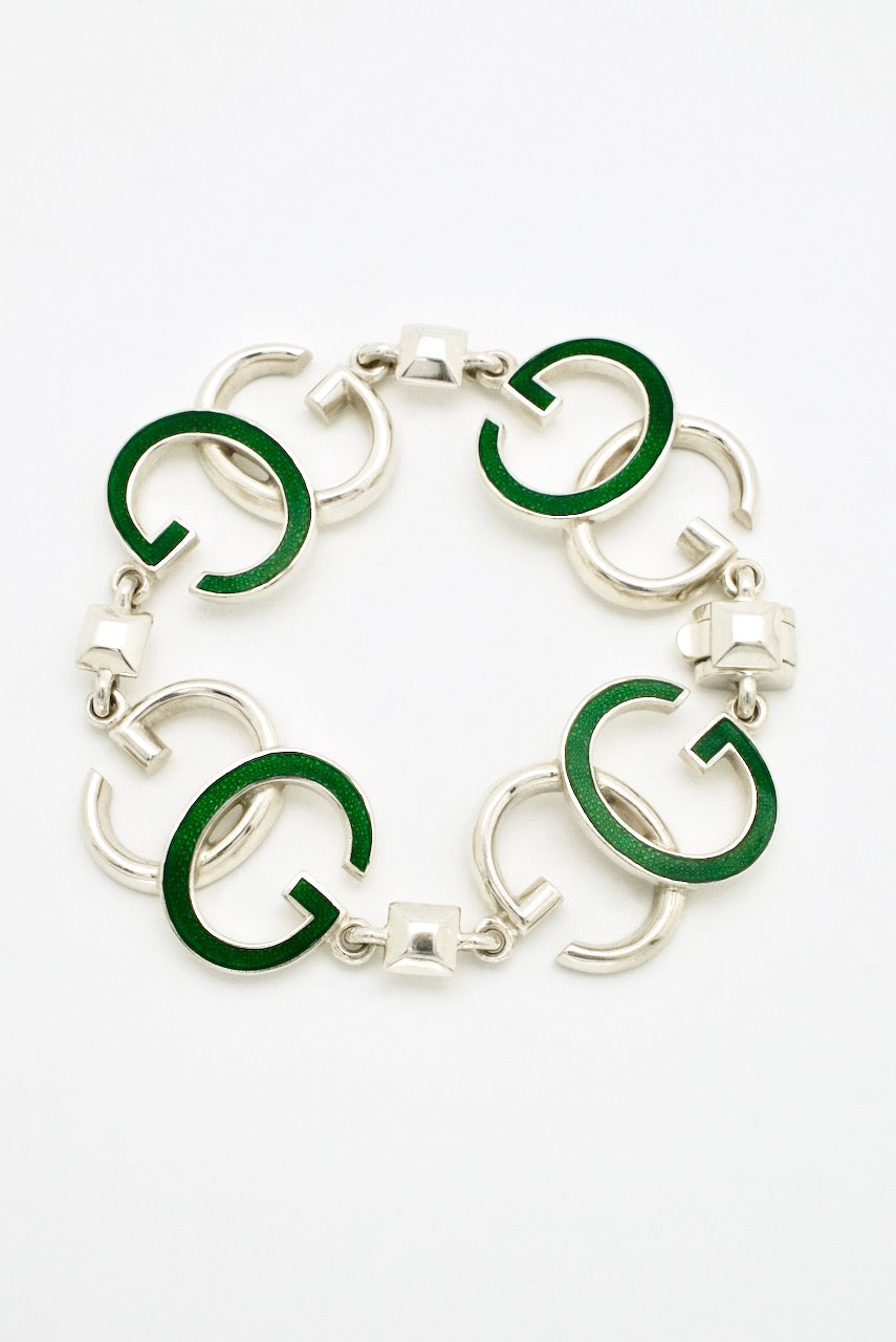 Vintage Gucci Sterling Silver Green Enamel G motif Bracelet 1970s