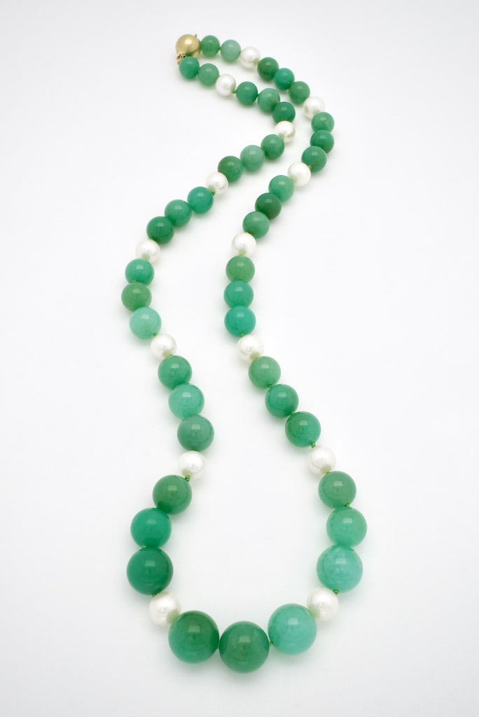 Chrysoprase and Pearl Bead Necklace 18k Gold Clasp