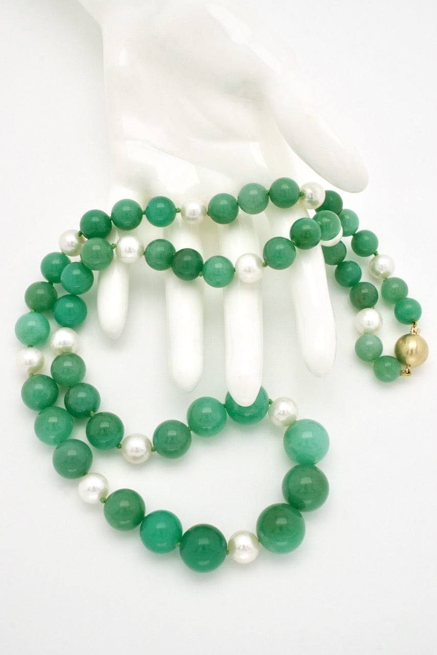 Chrysoprase and Pearl Bead Necklace 18k Gold Clasp