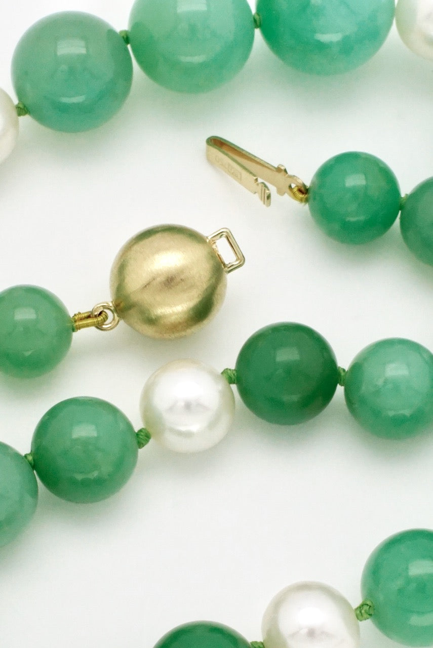 Chrysoprase and Pearl Bead Necklace 18k Gold Clasp