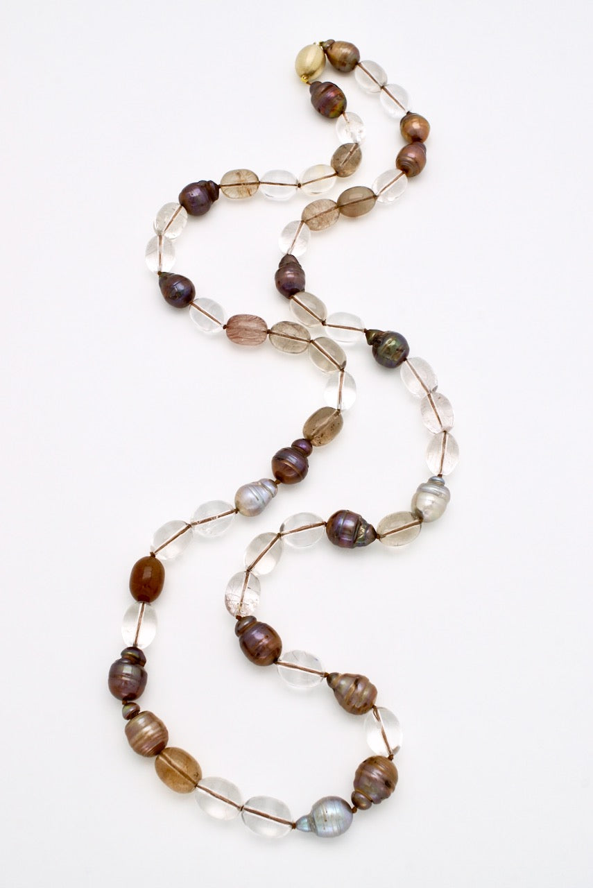 Rutilated Quartz and Mixed Circle Baroque Pearls Bead Necklace