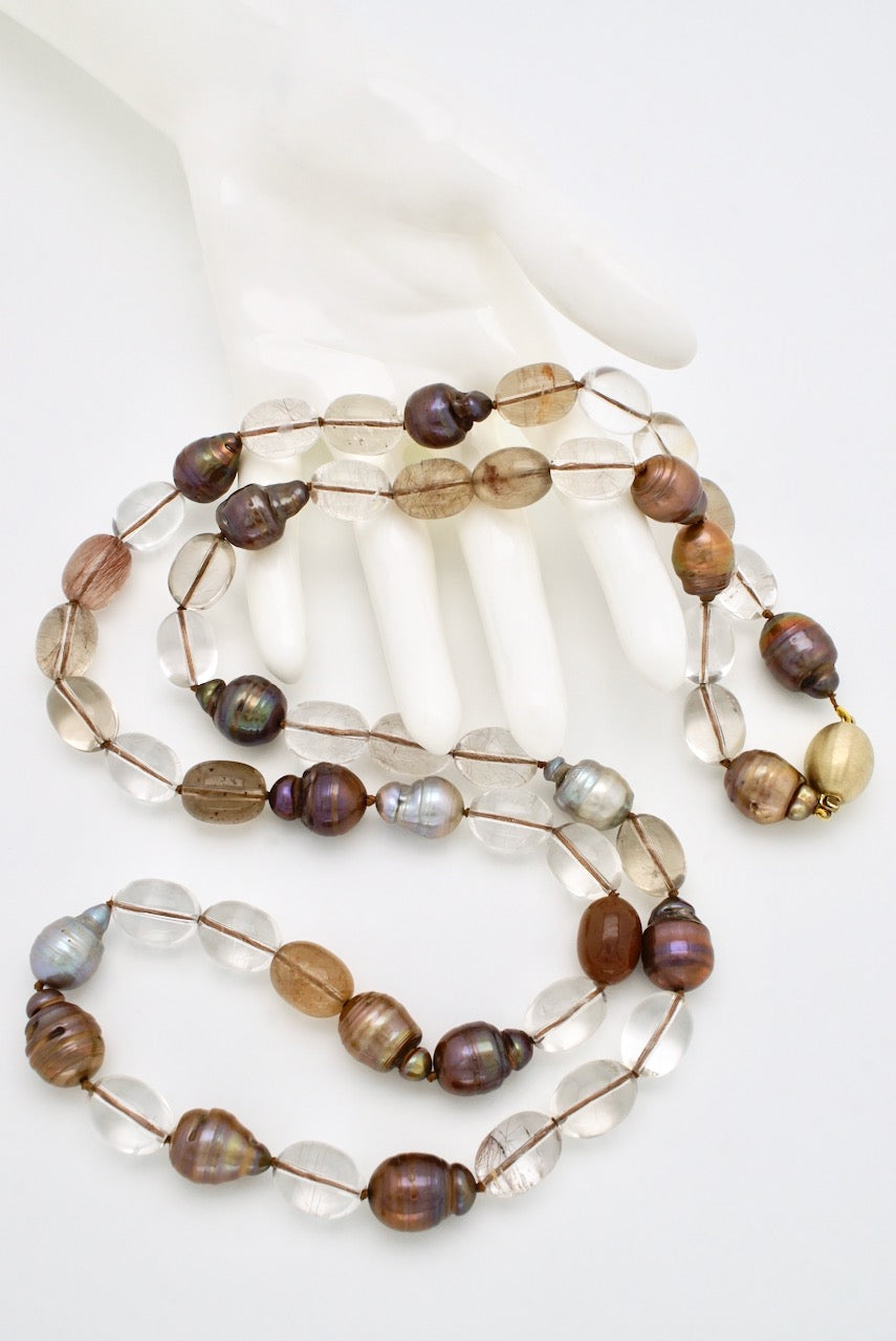 Rutilated Quartz and Mixed Circle Baroque Pearls Bead Necklace