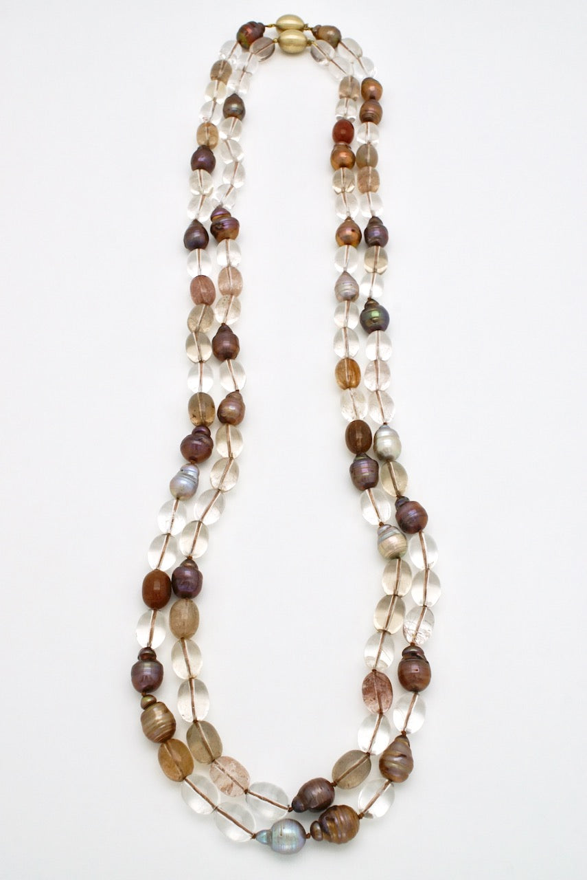 Rutilated Quartz and Mixed Circle Baroque Pearls Bead Necklace