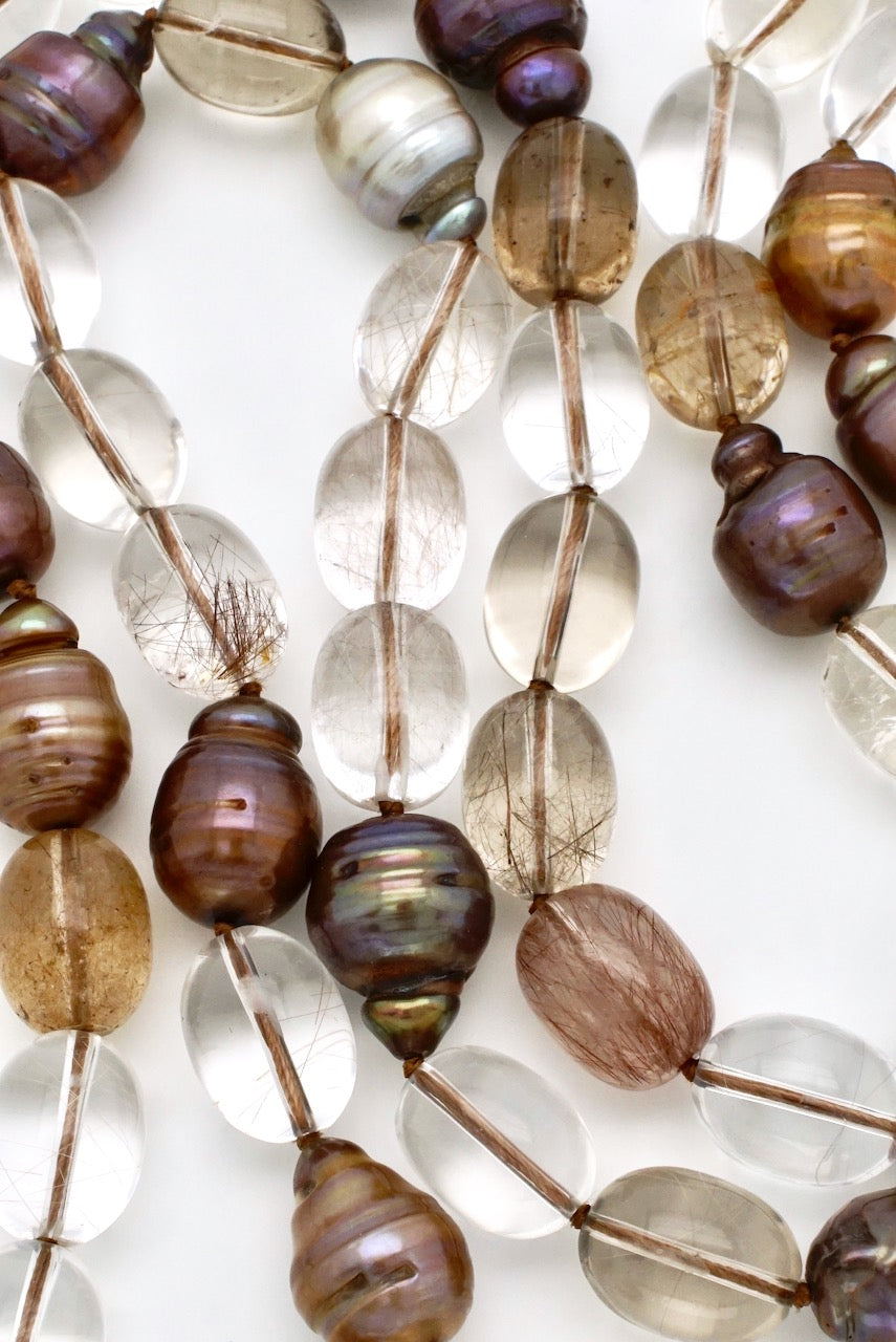 Rutilated Quartz and Mixed Circle Baroque Pearls Bead Necklace