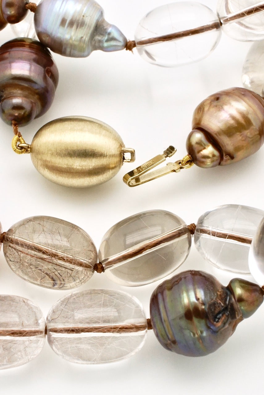 Rutilated Quartz and Mixed Circle Baroque Pearls Bead Necklace