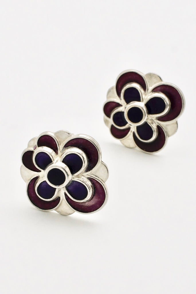 Vintage David Andersen Enamel Flower Clip Earrings 1960s