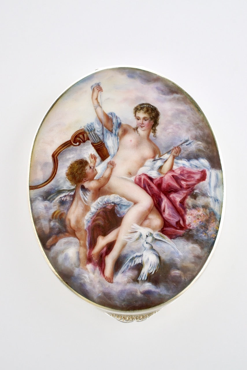 Vintage Silver Gilt Enamel Box Case "Venus Disarming Cupid" 1930s