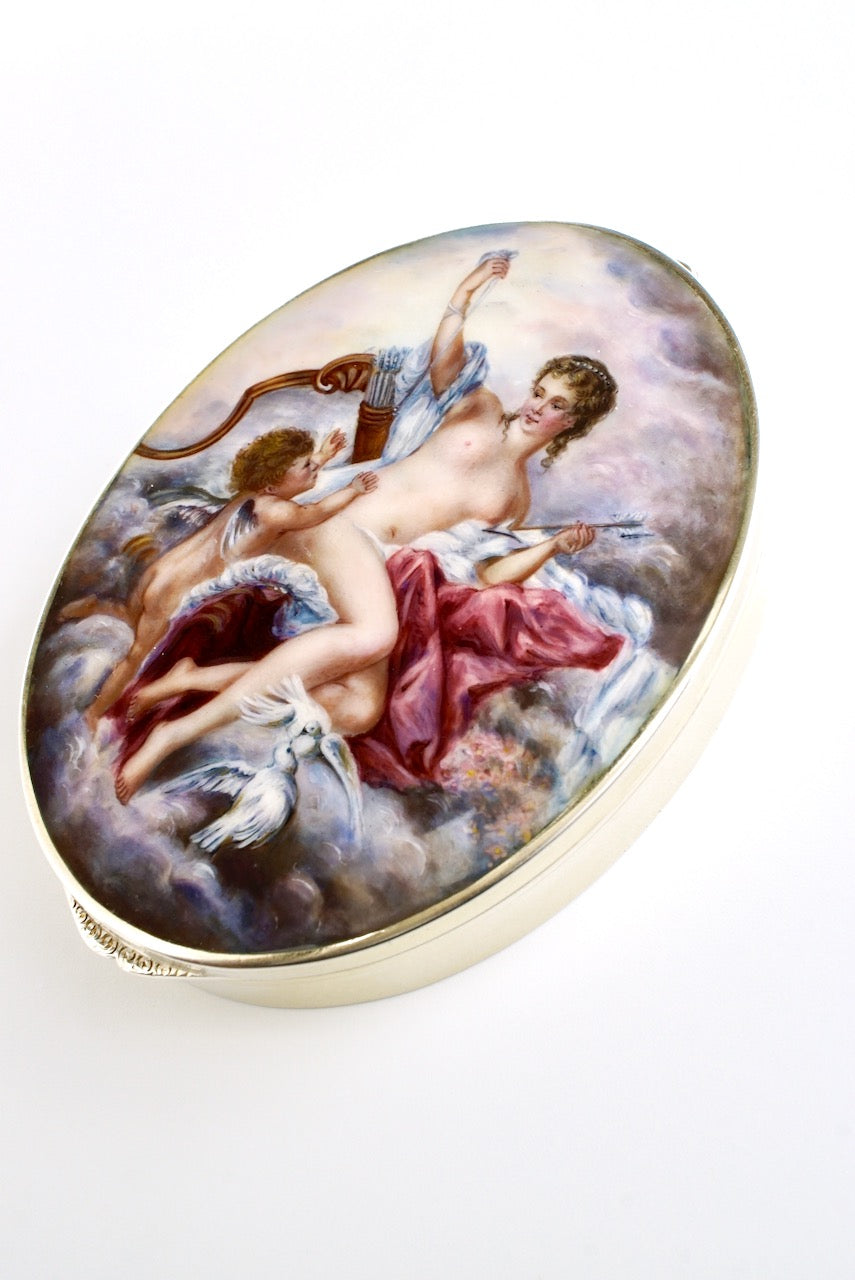 Vintage Silver Gilt Enamel Box Case "Venus Disarming Cupid" 1930s