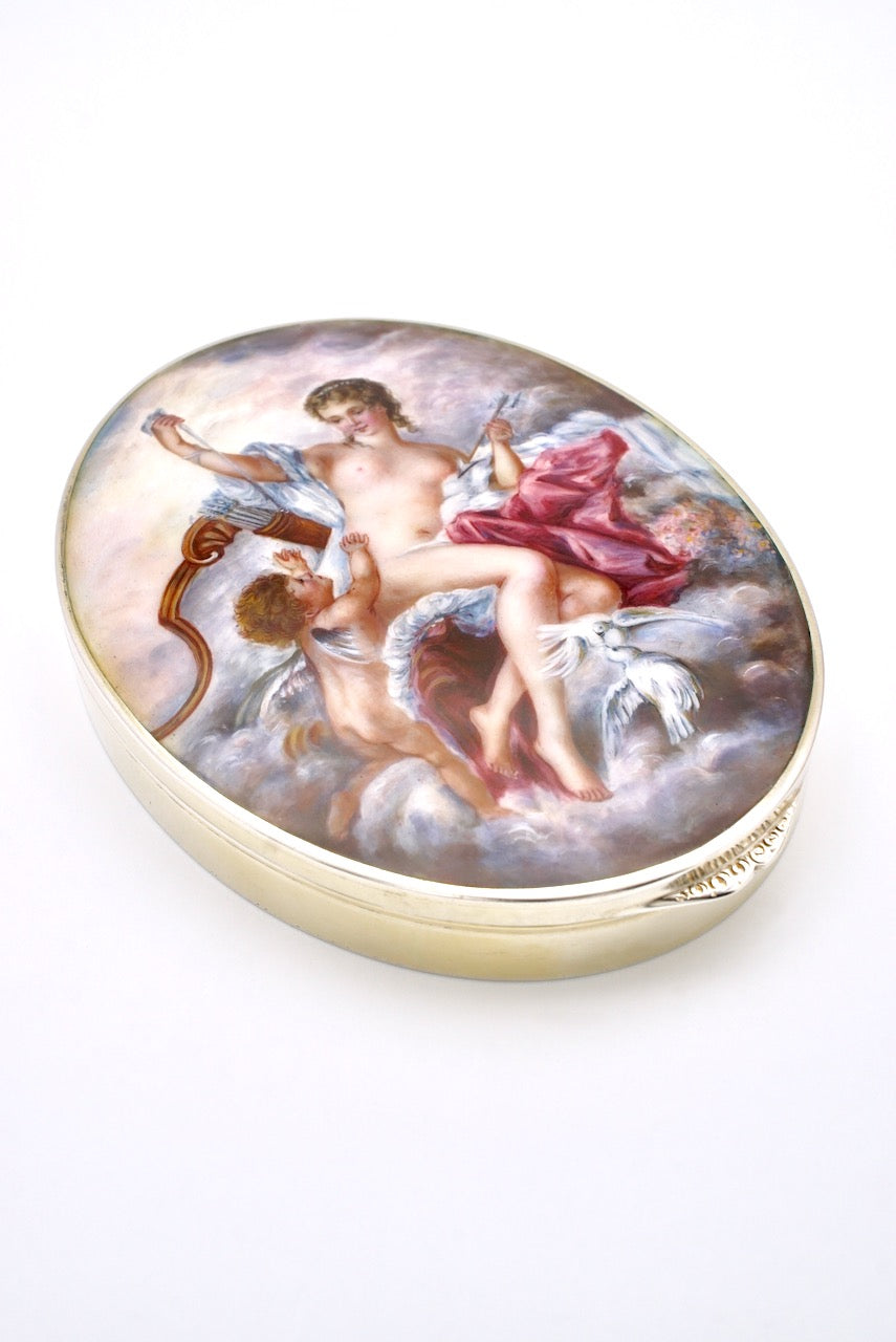 Vintage Silver Gilt Enamel Box Case "Venus Disarming Cupid" 1930s