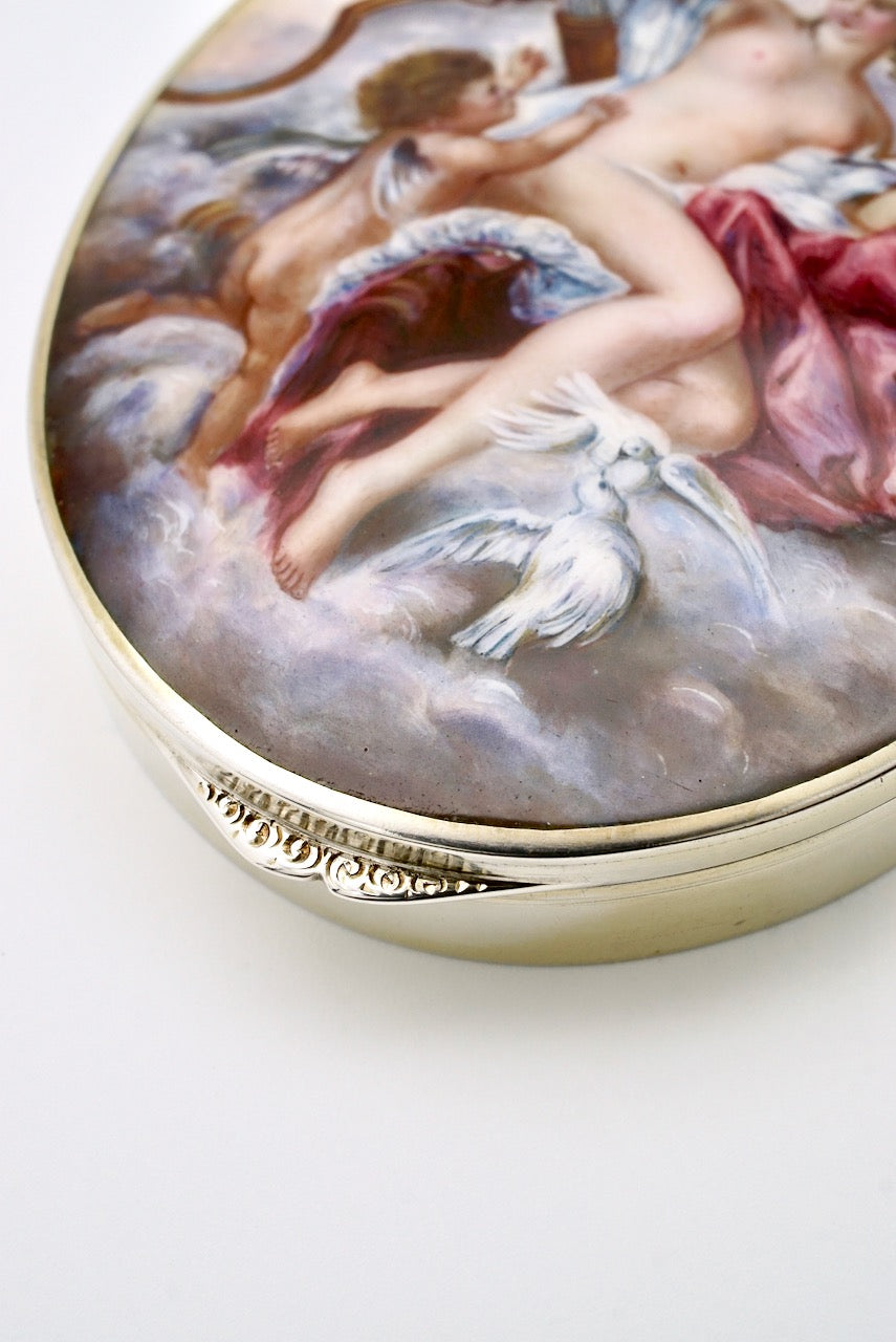 Vintage Silver Gilt Enamel Box Case "Venus Disarming Cupid" 1930s