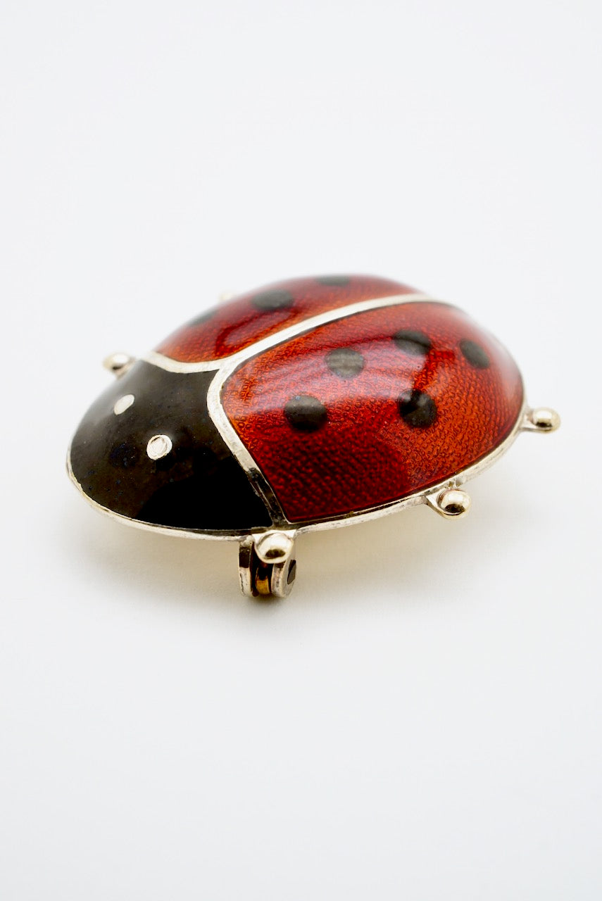 Vintage Sterling Silver Enamel Lady Bird Beetle Insect Brooch - David Andersen 1950s