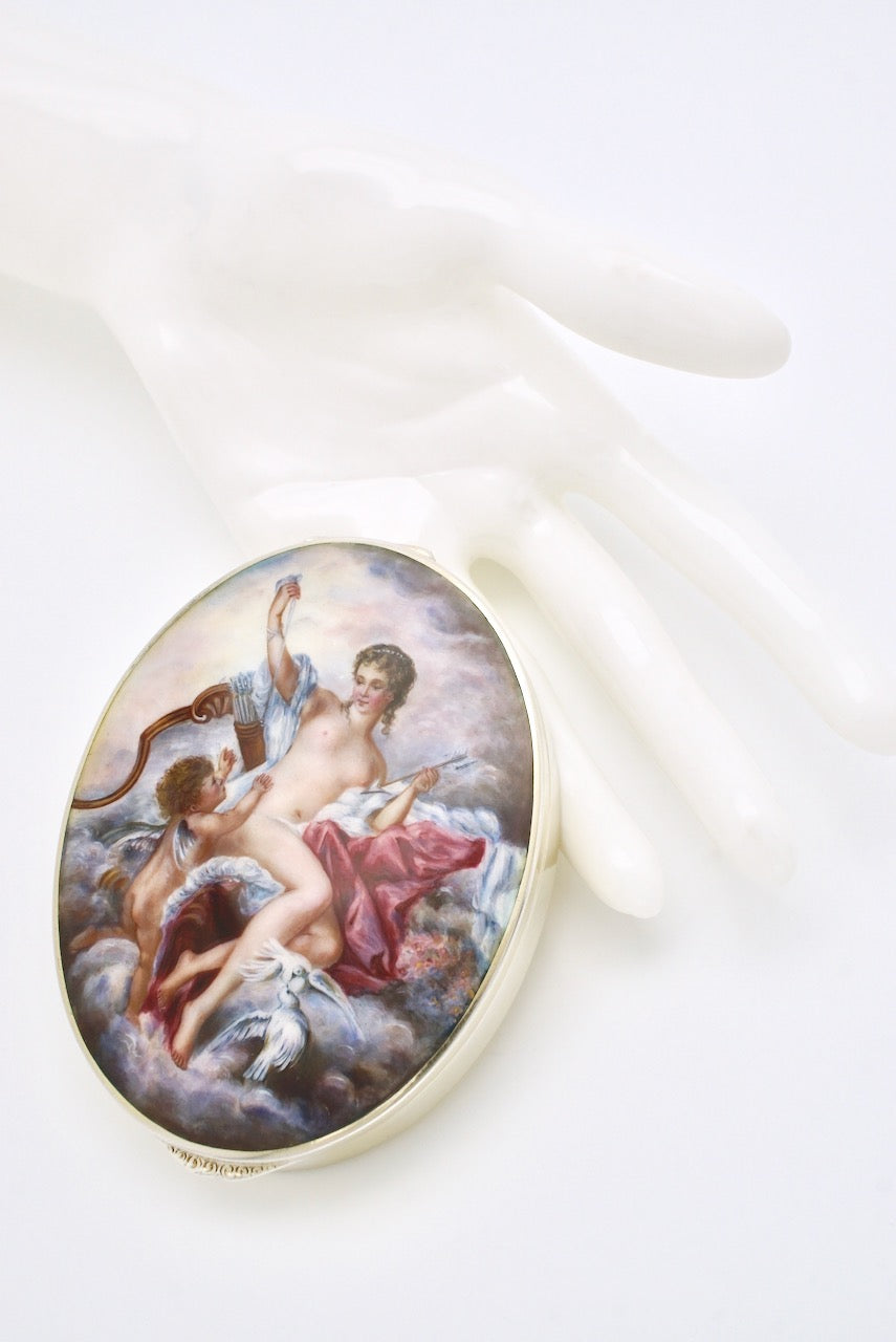 Vintage Silver Gilt Enamel Box Case "Venus Disarming Cupid" 1930s