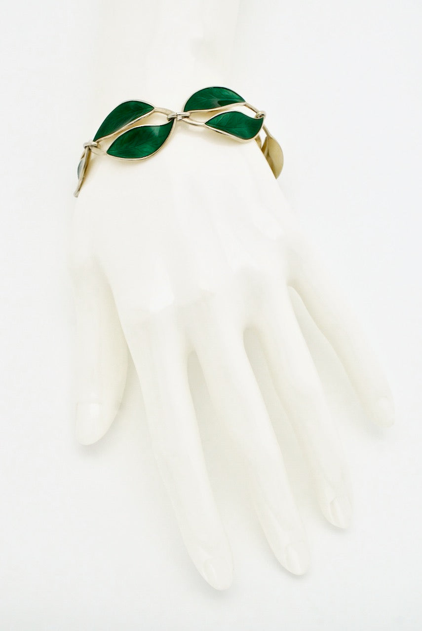 Vintage David Andersen Sterling Silver Green Enamel Leaf Bracelet 1950s