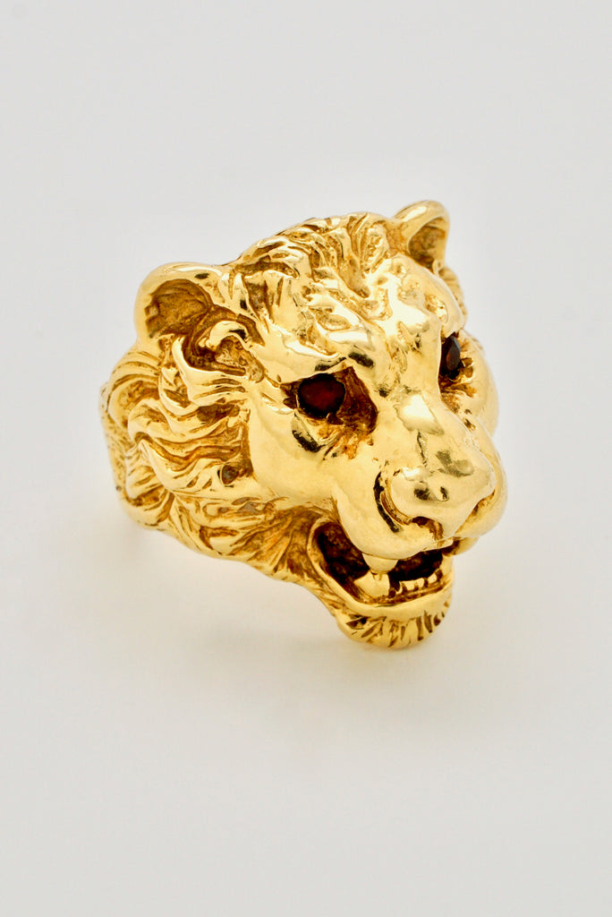 Vintage 18k Gold and Garnet Lion Head Ring - Italy