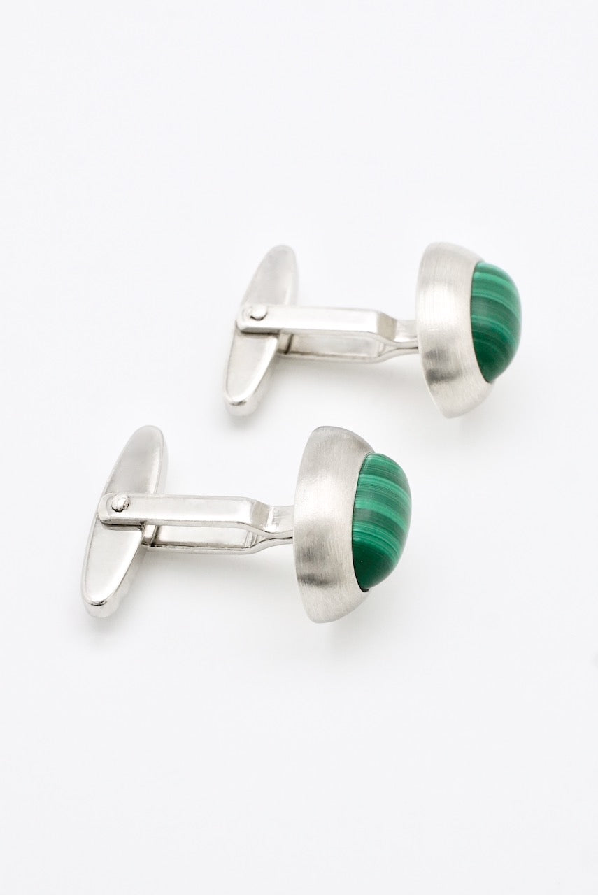 Vintage Solid Silver Oval Malachite Cufflinks 1970s