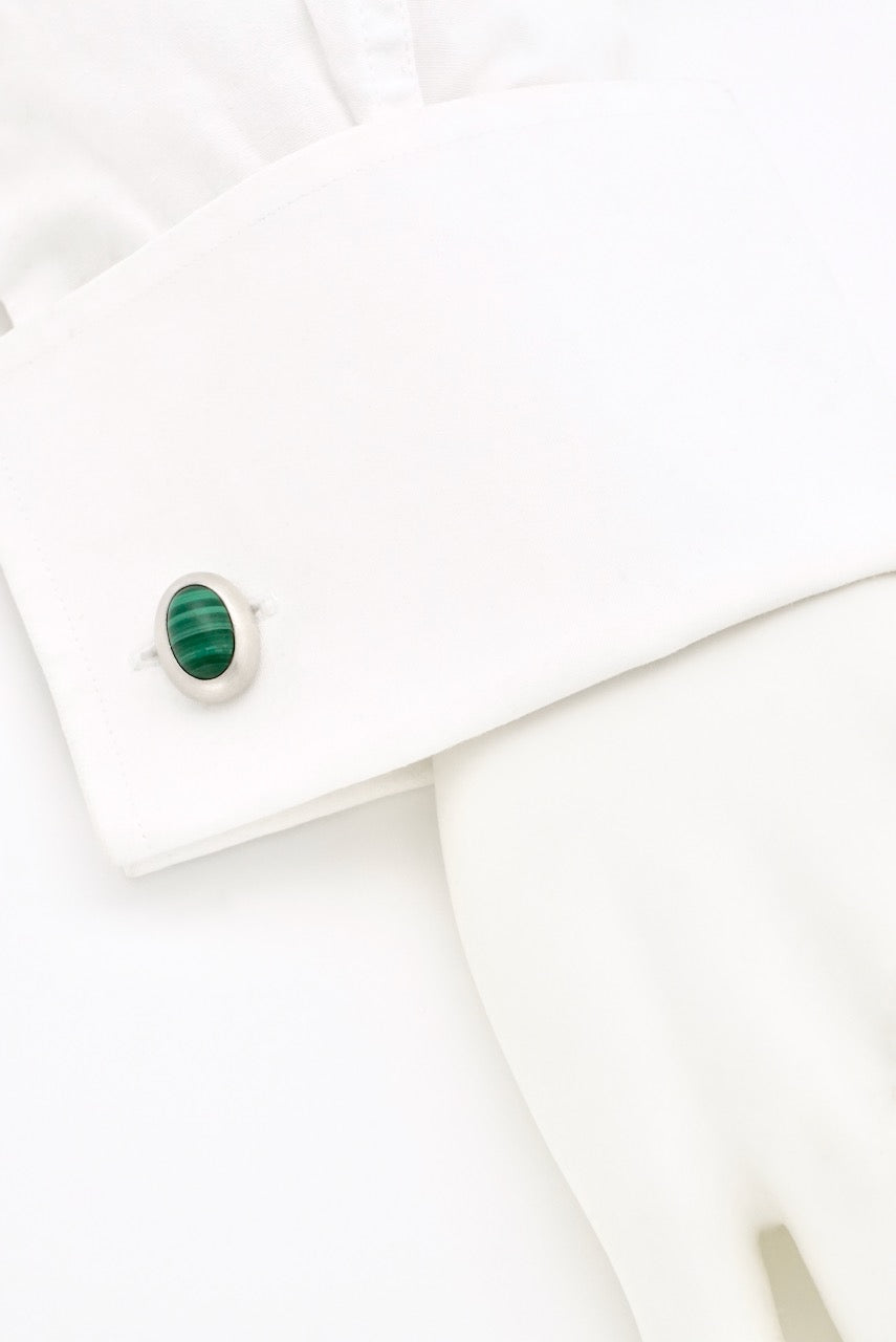 Vintage Solid Silver Oval Malachite Cufflinks 1970s