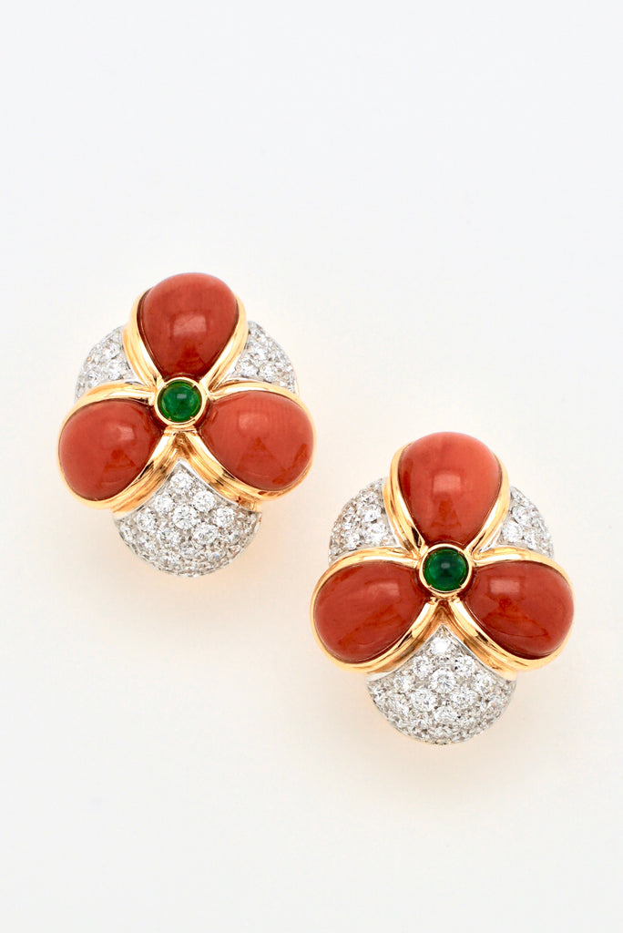Vintage 18k Gold Coral Diamond Emerald Trefoil Earrings