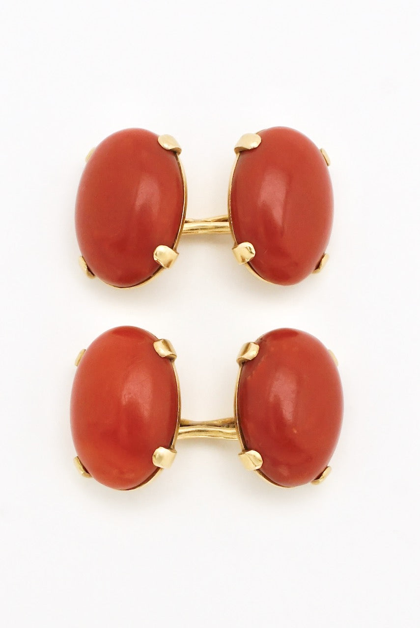 Vintage 15k Yellow Gold Oval Red Coral Cufflinks 1920s