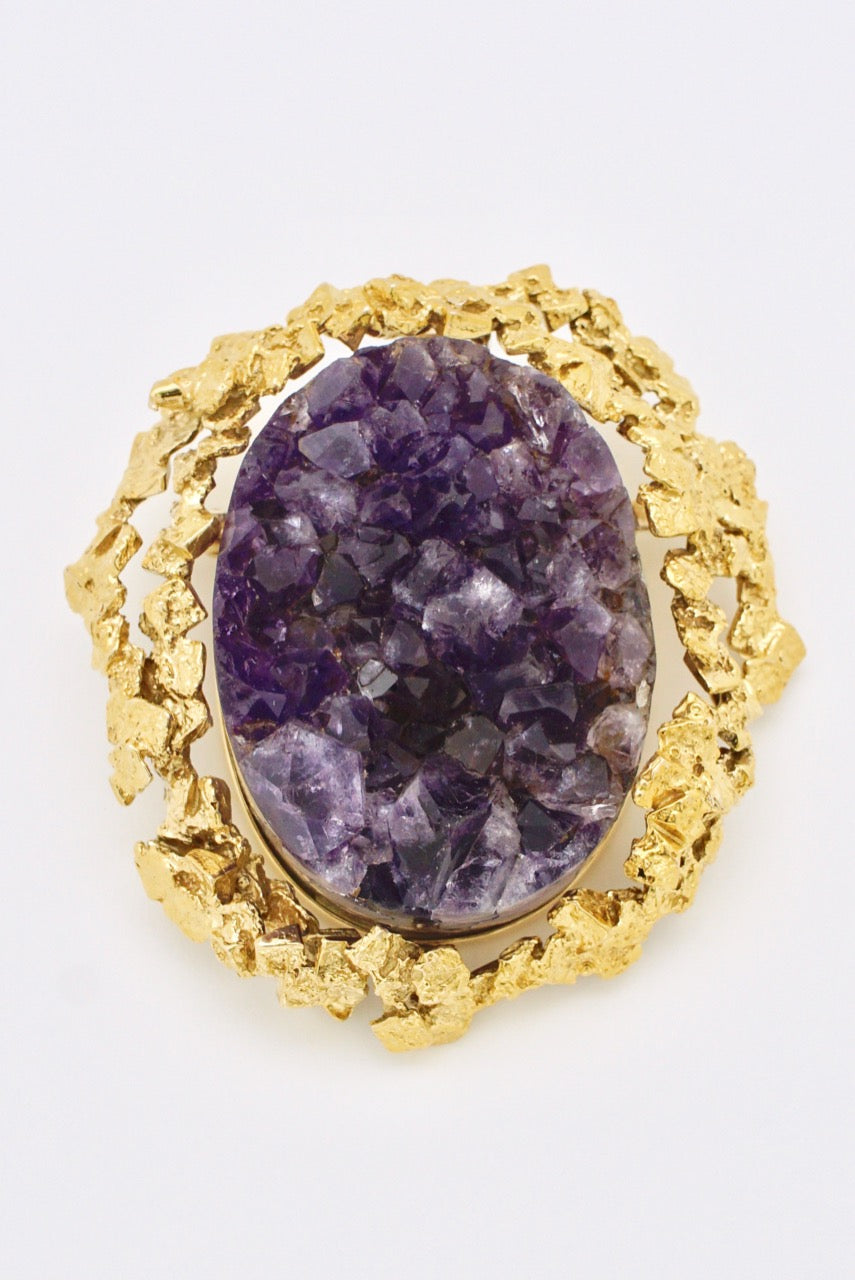 Vintage 9k Gold Large Brutalist Amethyst Brooch 1970s