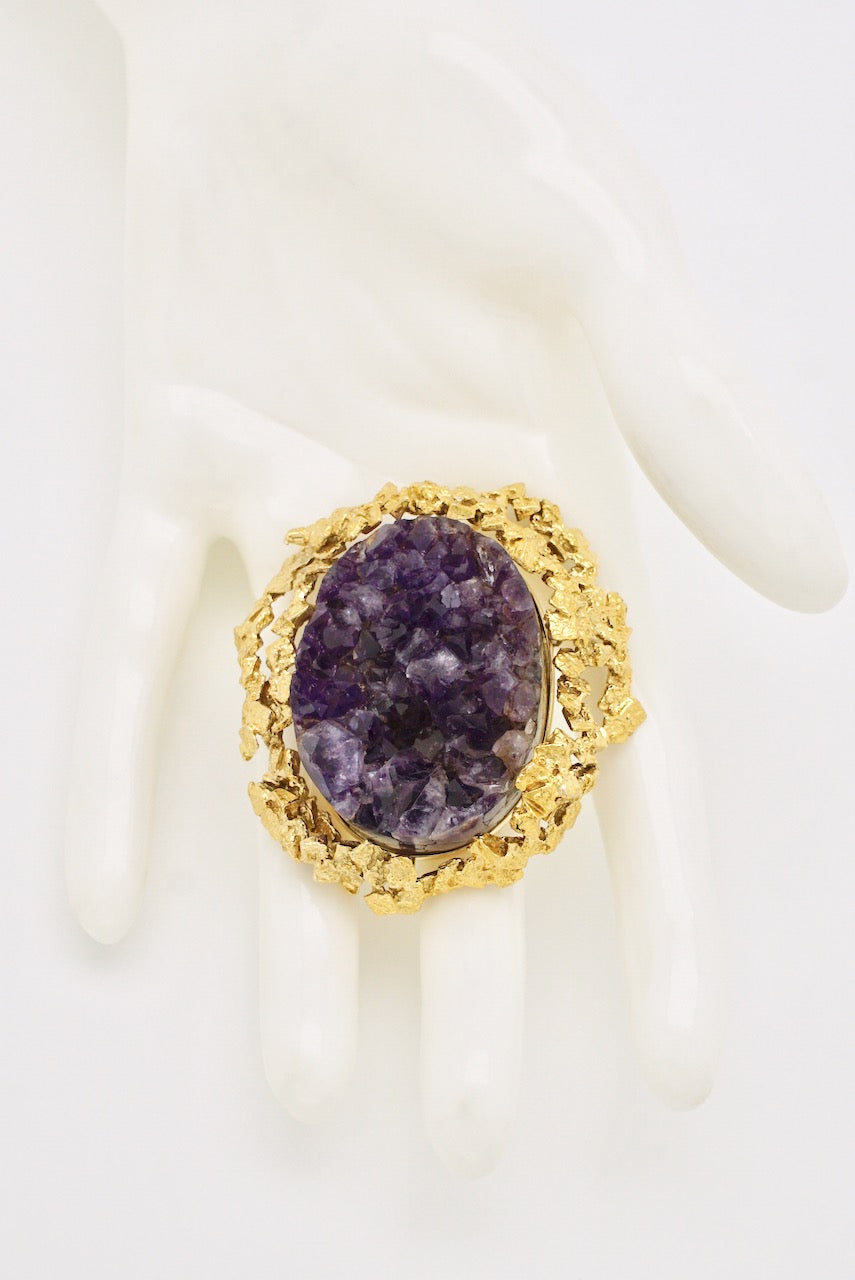 Vintage 9k Gold Large Brutalist Amethyst Brooch 1970s
