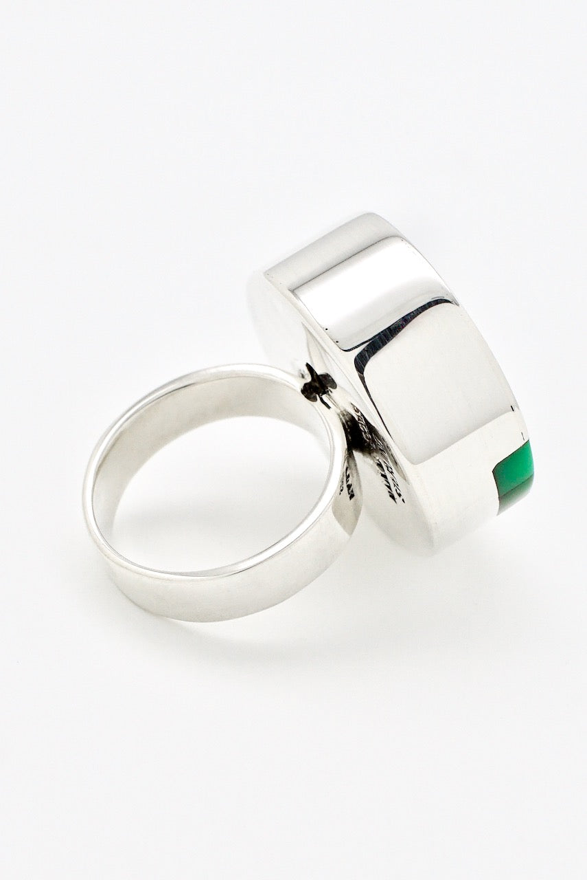 Vintage Danish Sterling Silver Ring with Green Lucite Stripes 1970s