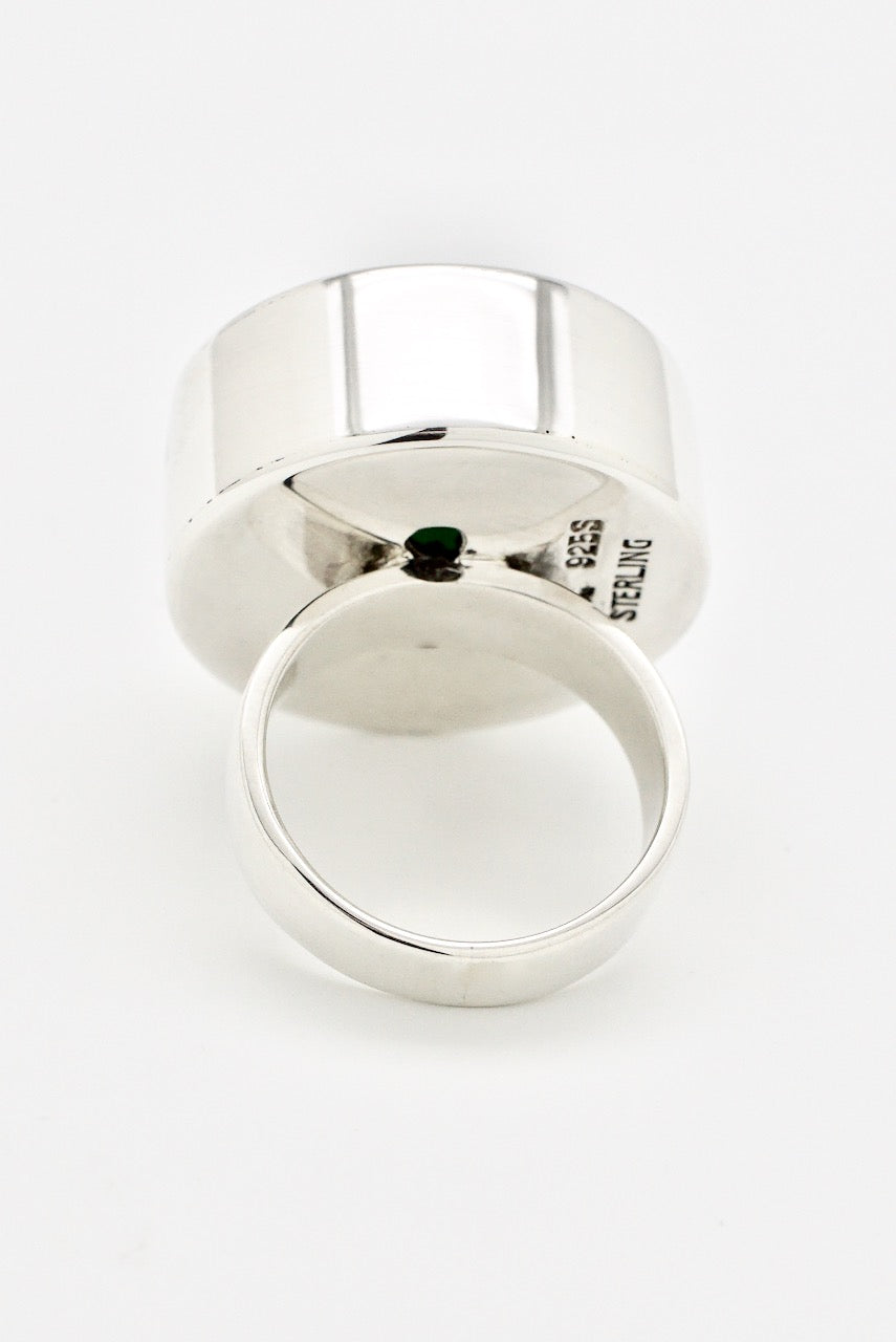 Vintage Danish Sterling Silver Ring with Green Lucite Stripes 1970s