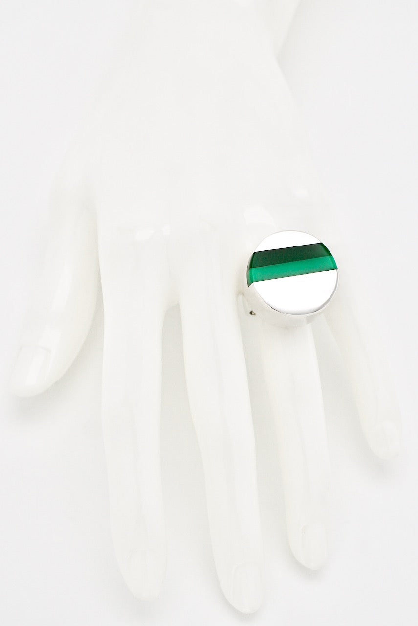 Vintage Danish Sterling Silver Ring with Green Lucite Stripes 1970s