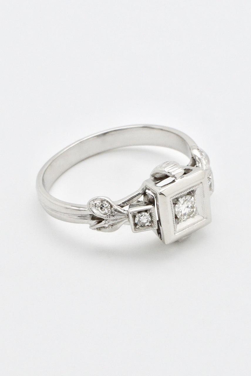 Vintage 18k White Gold Diamond Square Set Ring 1950s
