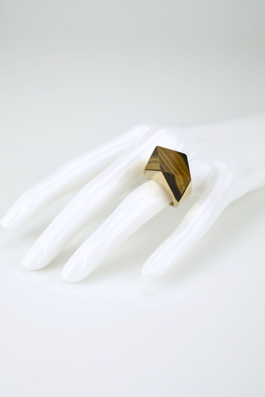 14k gold tigers eye modernist cocktail ring 1970s