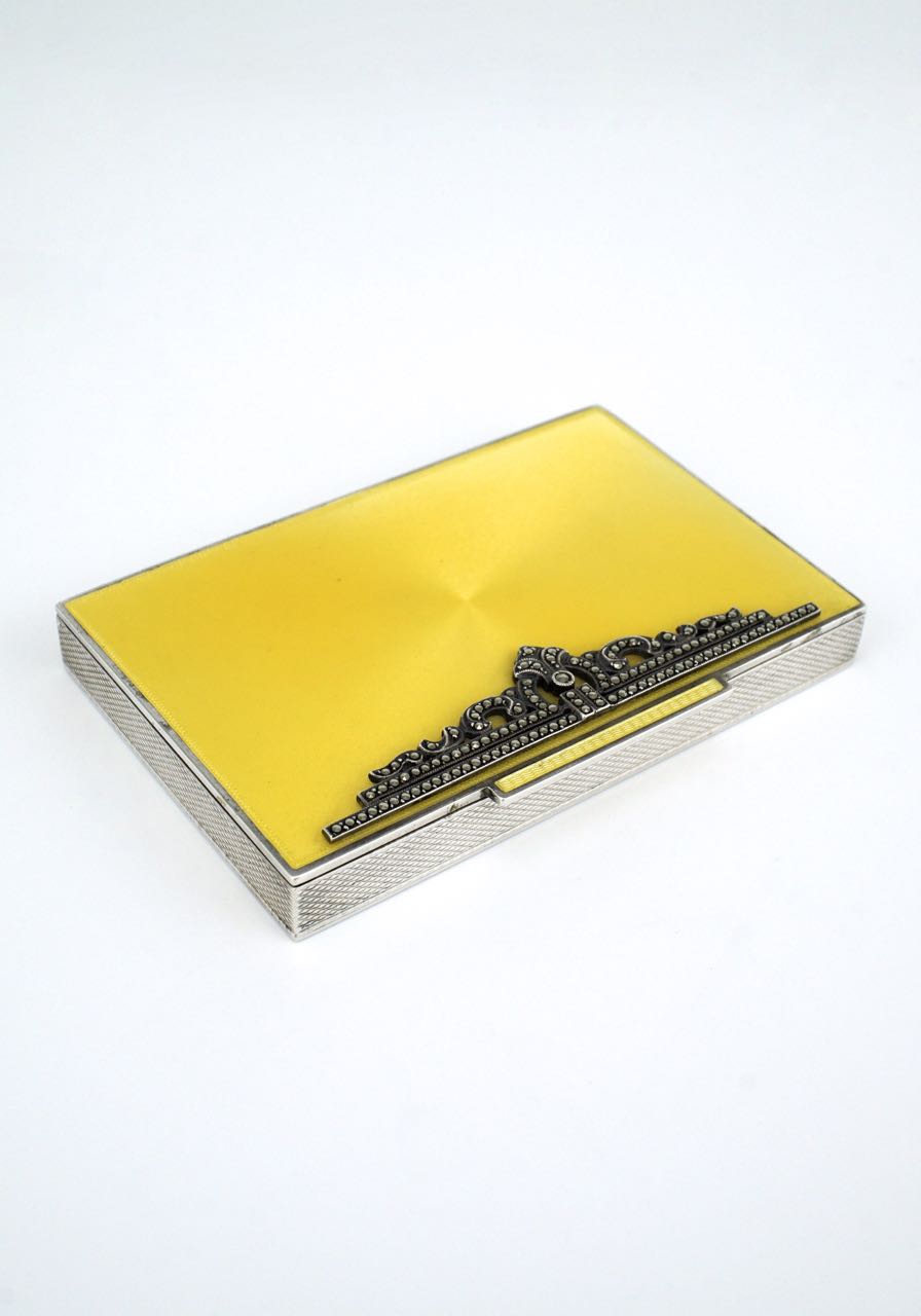 Antique Art Deco solid silver yellow enamel and marcasite box