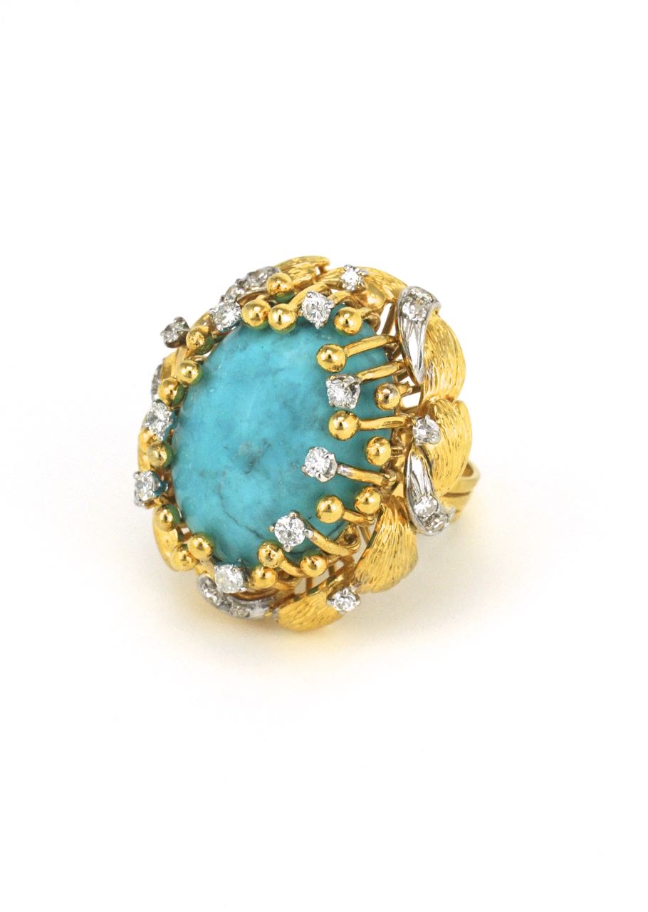 14k gold turquoise and diamond organic cluster ring 1970s