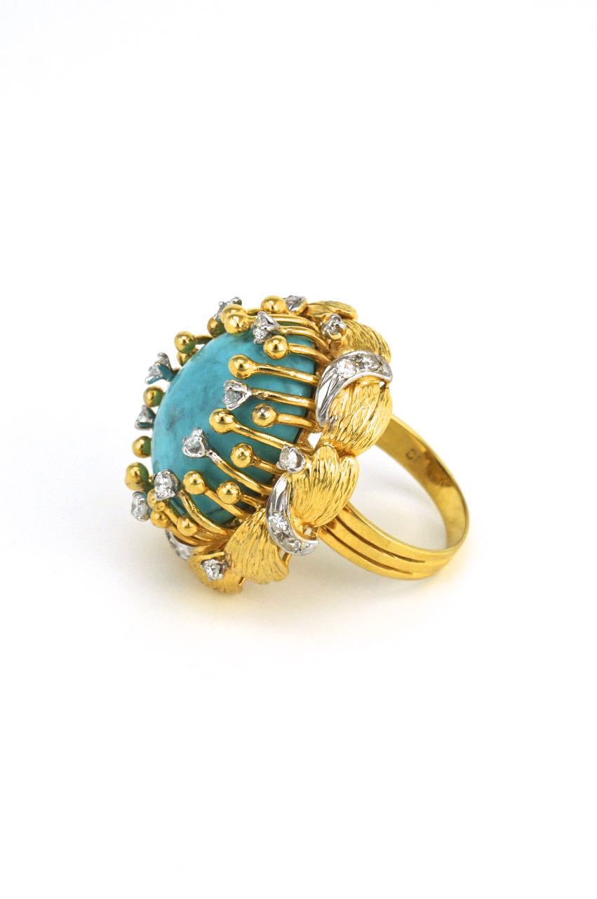 14k gold turquoise and diamond organic cluster ring 1970s