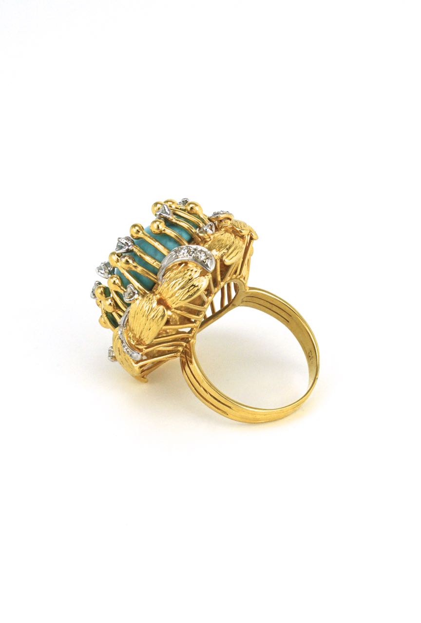 14k gold turquoise and diamond organic cluster ring 1970s