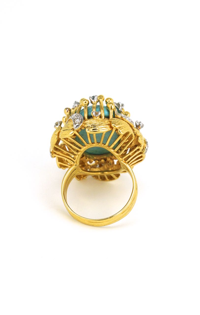 14k gold turquoise and diamond organic cluster ring 1970s