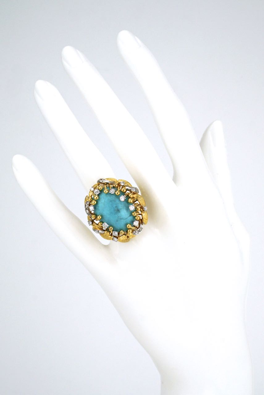 14k gold turquoise and diamond organic cluster ring 1970s