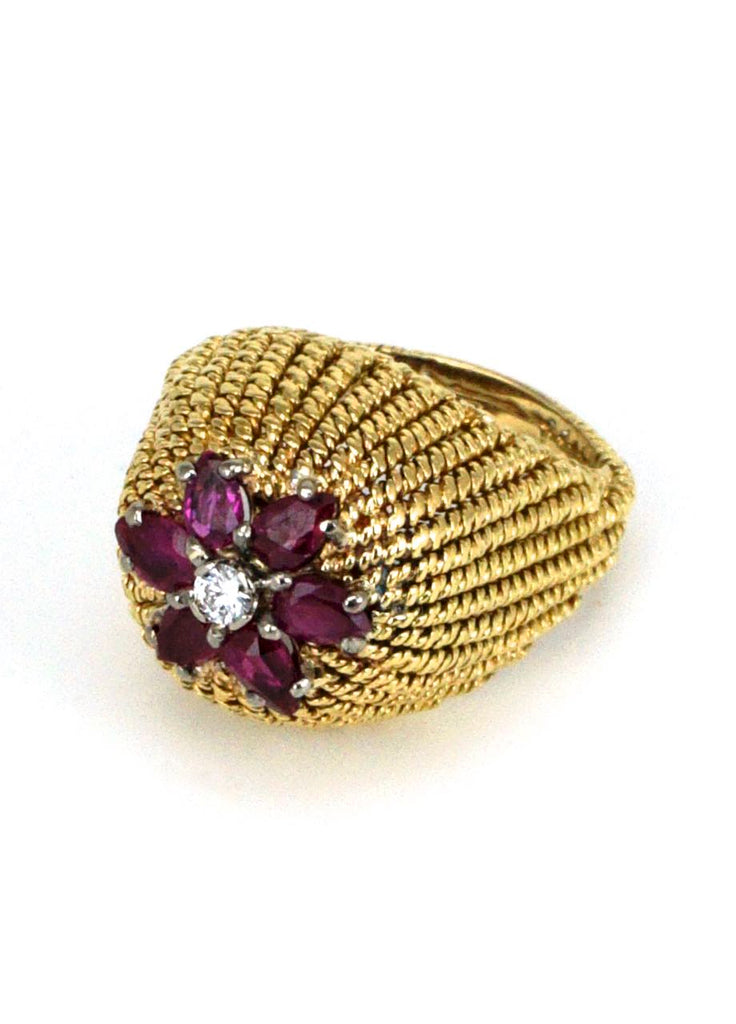 Vintage 18k Yellow Gold Ruby and Diamond Dome Ring 1970s