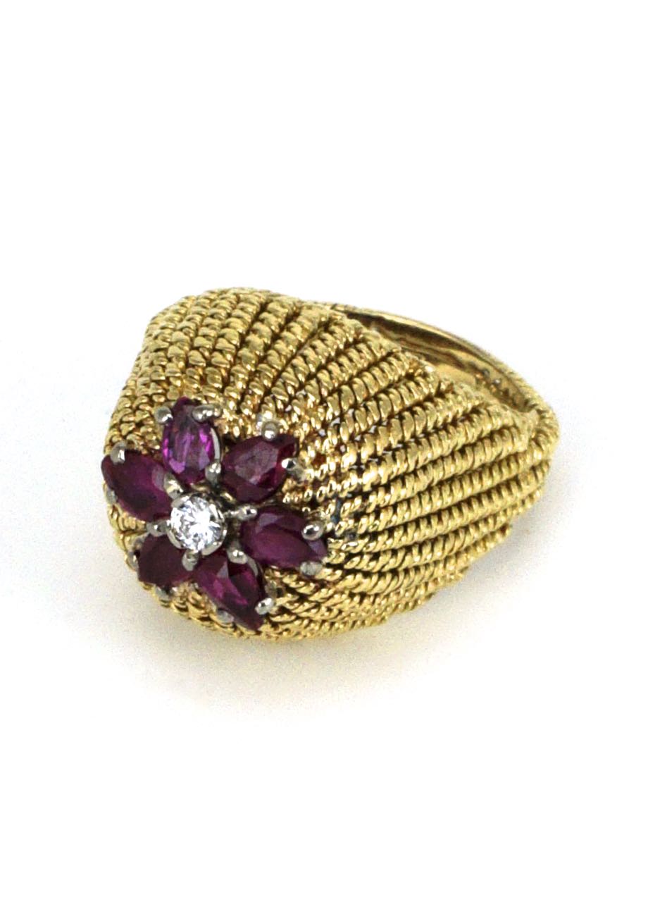 Vintage 18k Yellow Gold Ruby and Diamond Dome Ring 1970s
