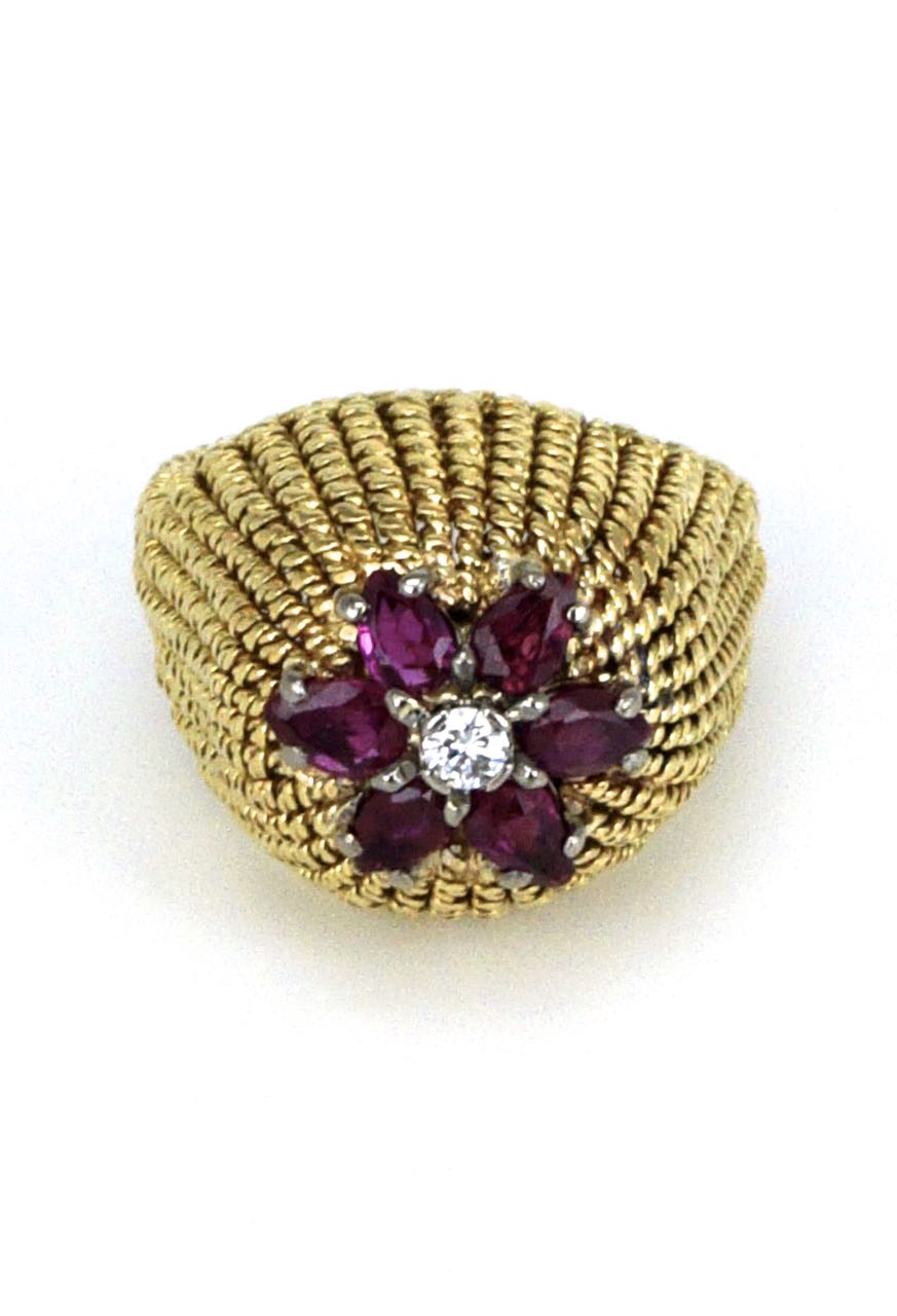 Vintage 18k Yellow Gold Ruby and Diamond Dome Ring 1970s