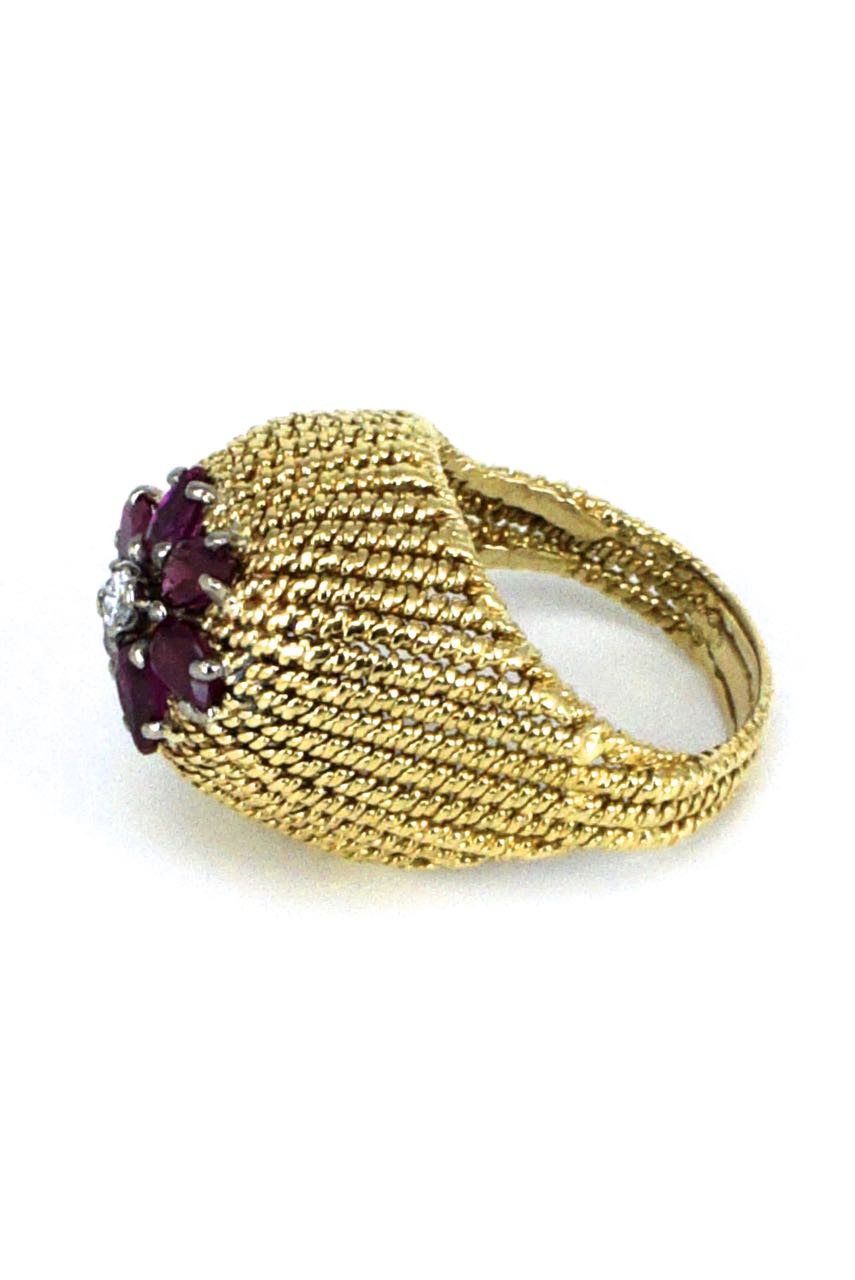 Vintage 18k Yellow Gold Ruby and Diamond Dome Ring 1970s