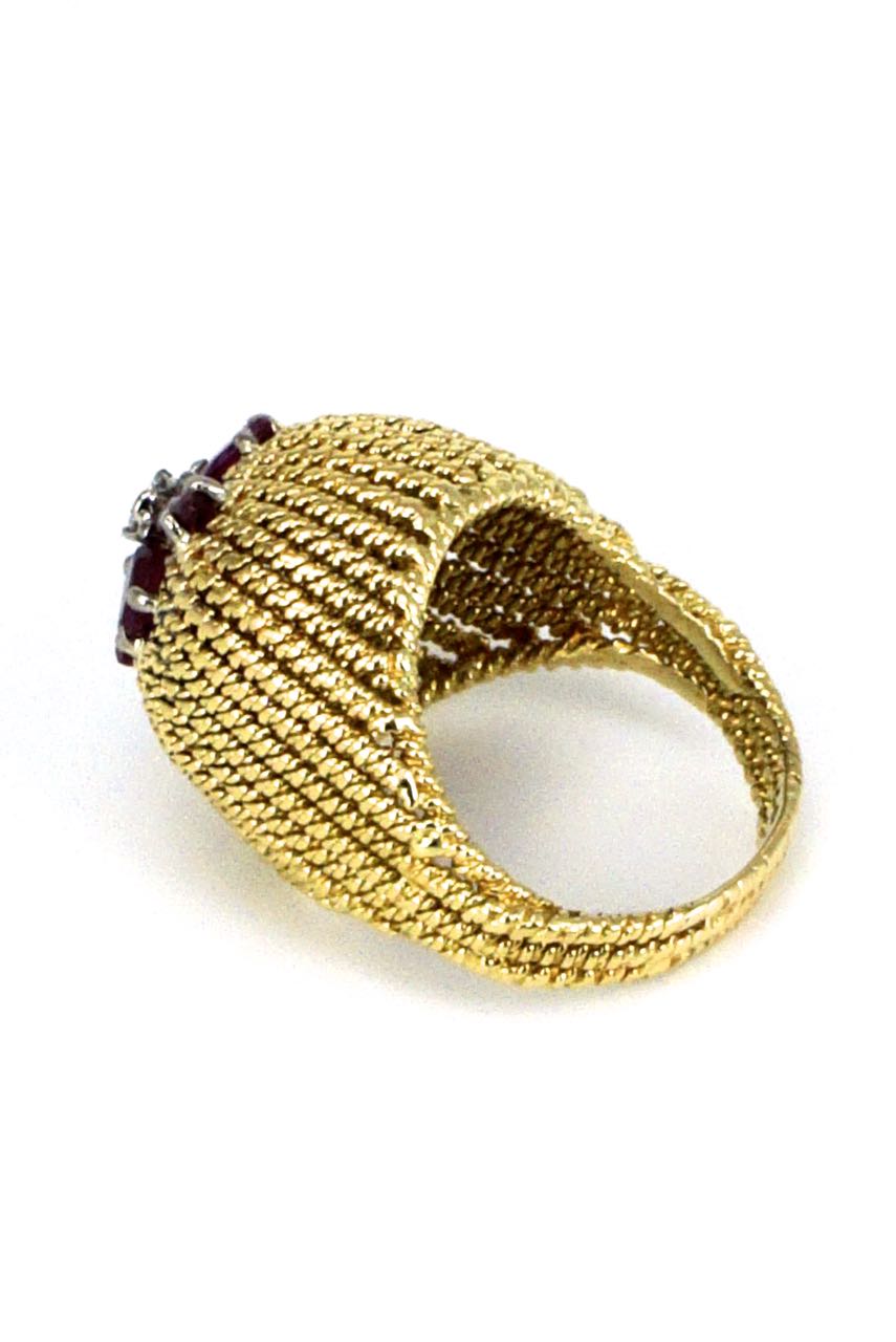 Vintage 18k Yellow Gold Ruby and Diamond Dome Ring 1970s
