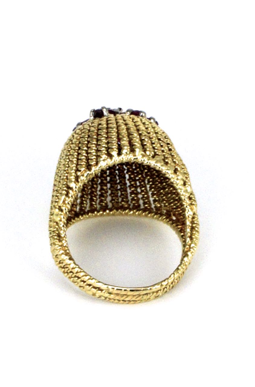 Vintage 18k Yellow Gold Ruby and Diamond Dome Ring 1970s