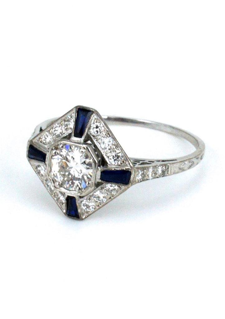 Antique Art Deco Platinum Diamond and Sapphire Ring