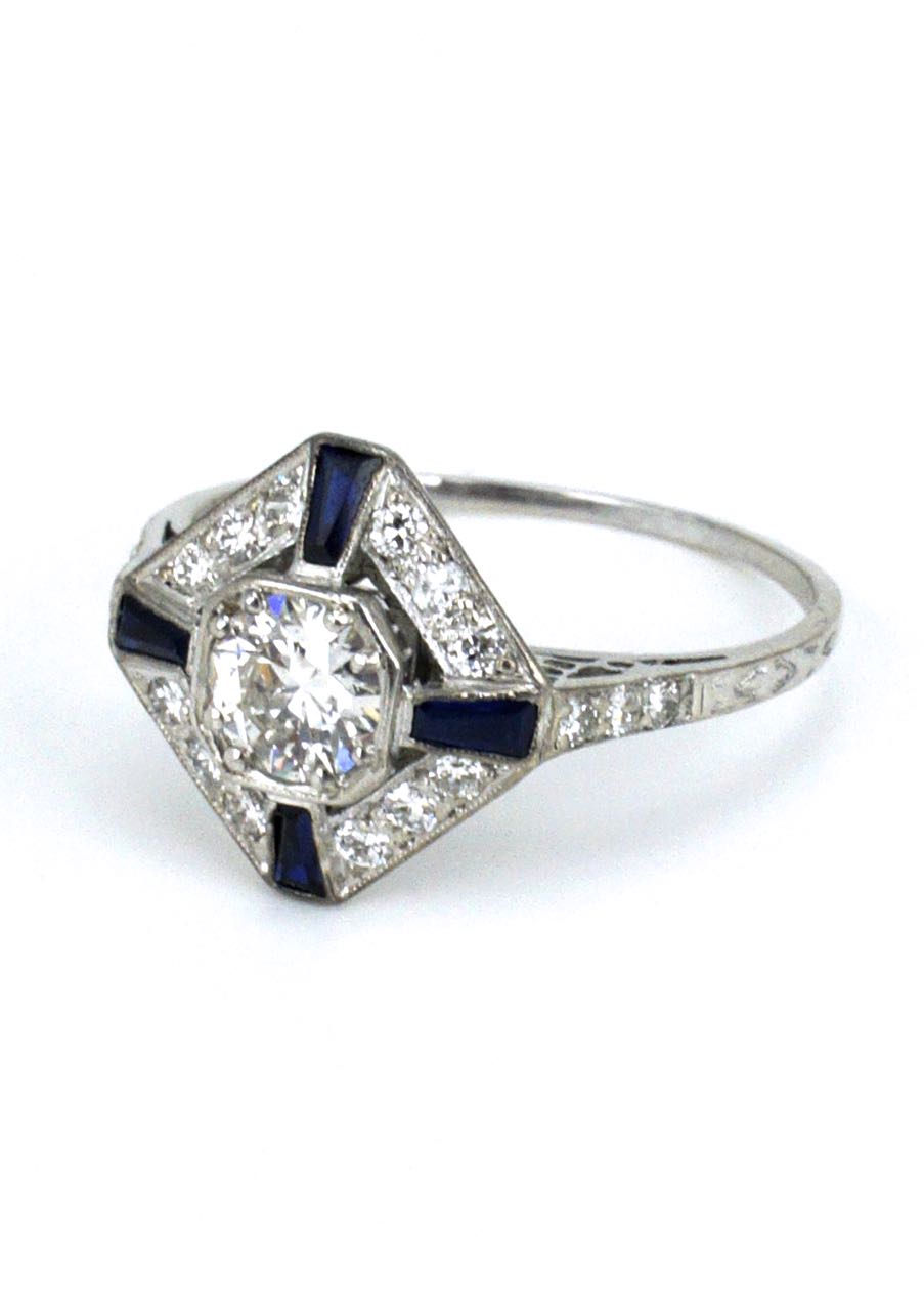 Antique Art Deco Platinum Diamond and Sapphire Ring