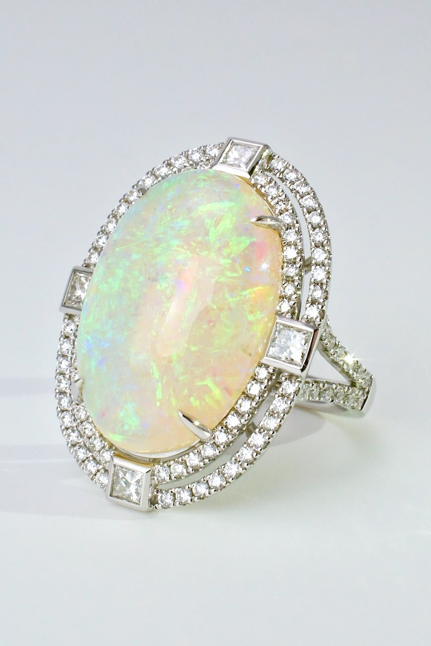 Vintage 18k White Gold Opal Diamond Ring