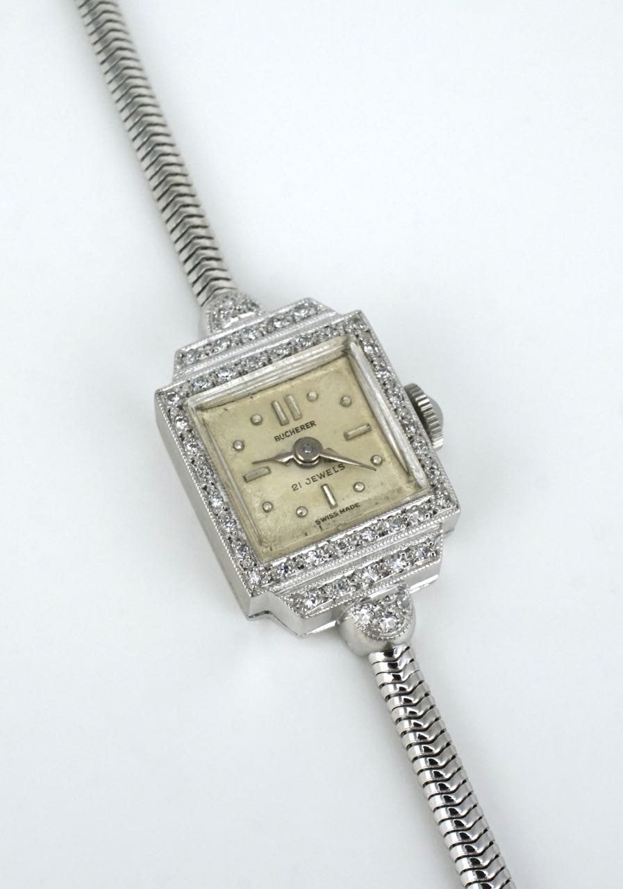 Art Deco Swiss 18k white gold diamond ladies wristwatch
